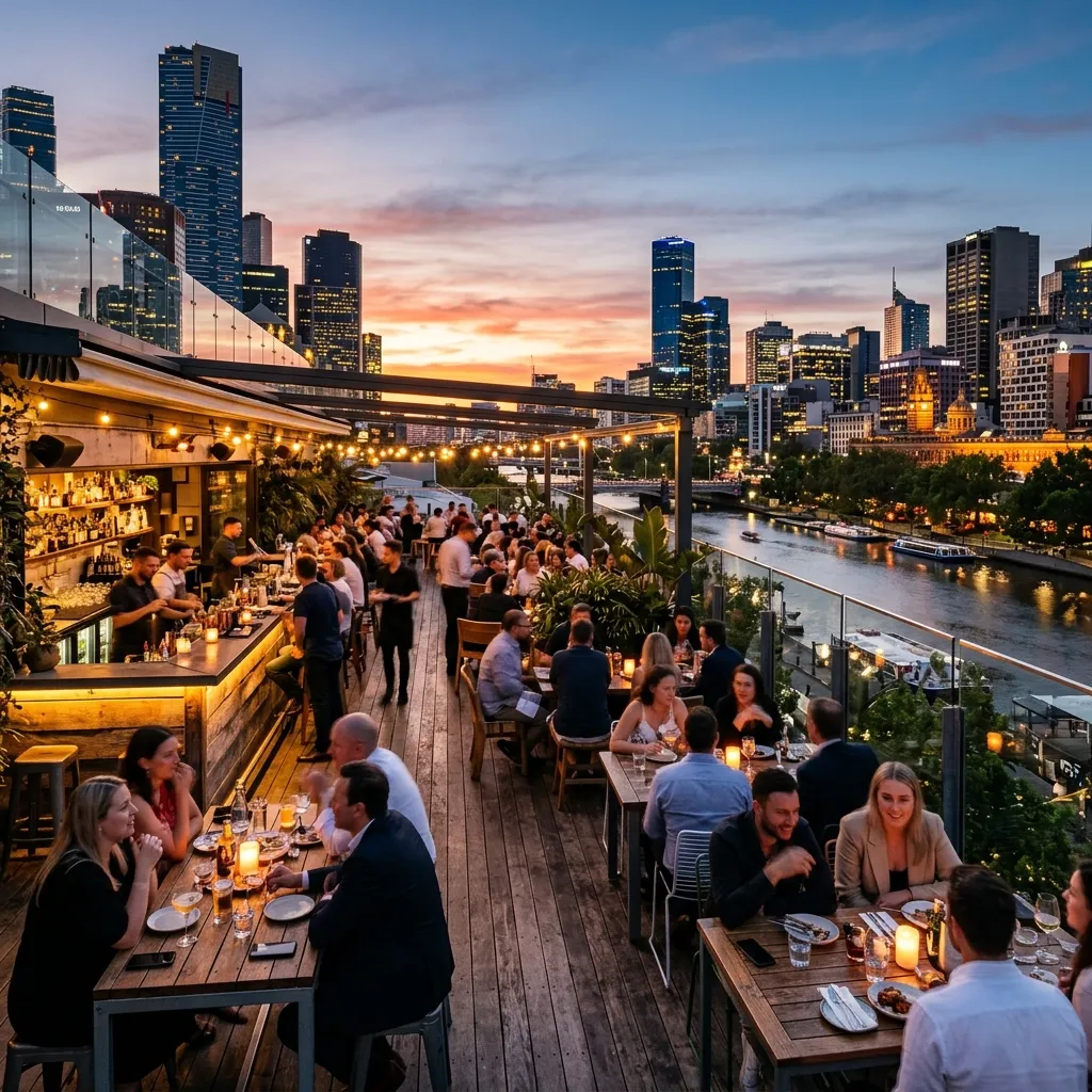 Gemütliche Rooftop-Bar über den Dächern von Melbourne bei Sonnenuntergang