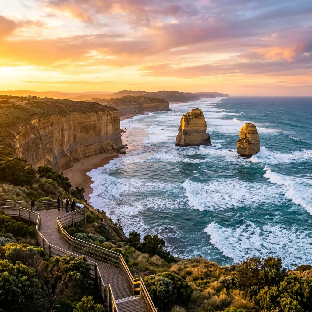 Die Küstenstraße der Great Ocean Road und die Felsformationen der Twelve Apostles bei Sonnenuntergang