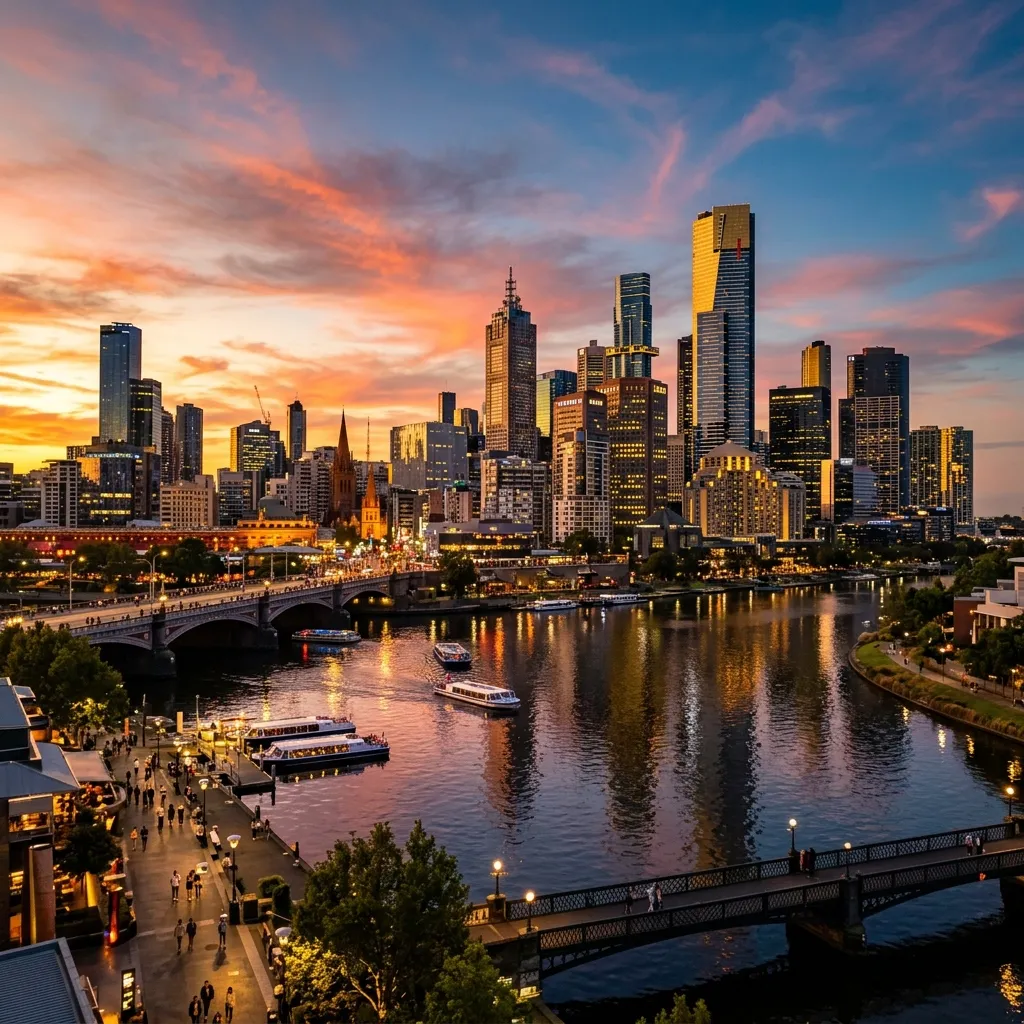 Atemberaubende Skyline von Melbourne am Yarra River bei Sonnenuntergang