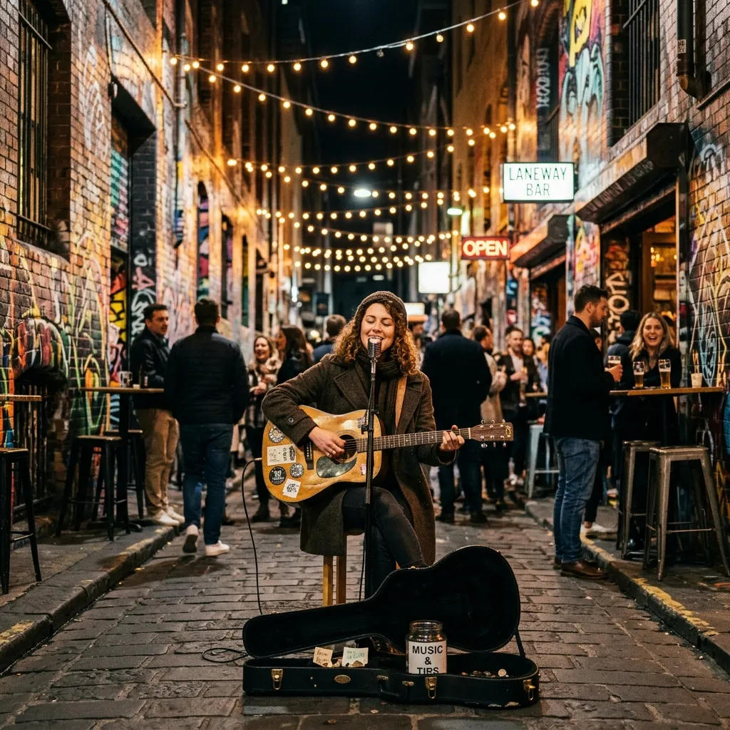 Ein Straßenmusiker spielt Gitarre vor begeisterten Zuhörern in den hell beleuchteten Laneways von Melbourne
