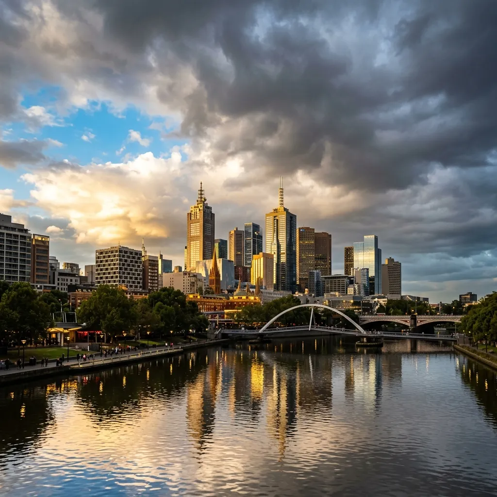 Die Skyline von Melbourne am Yarra River unter einem stimmungsvollen Himmel