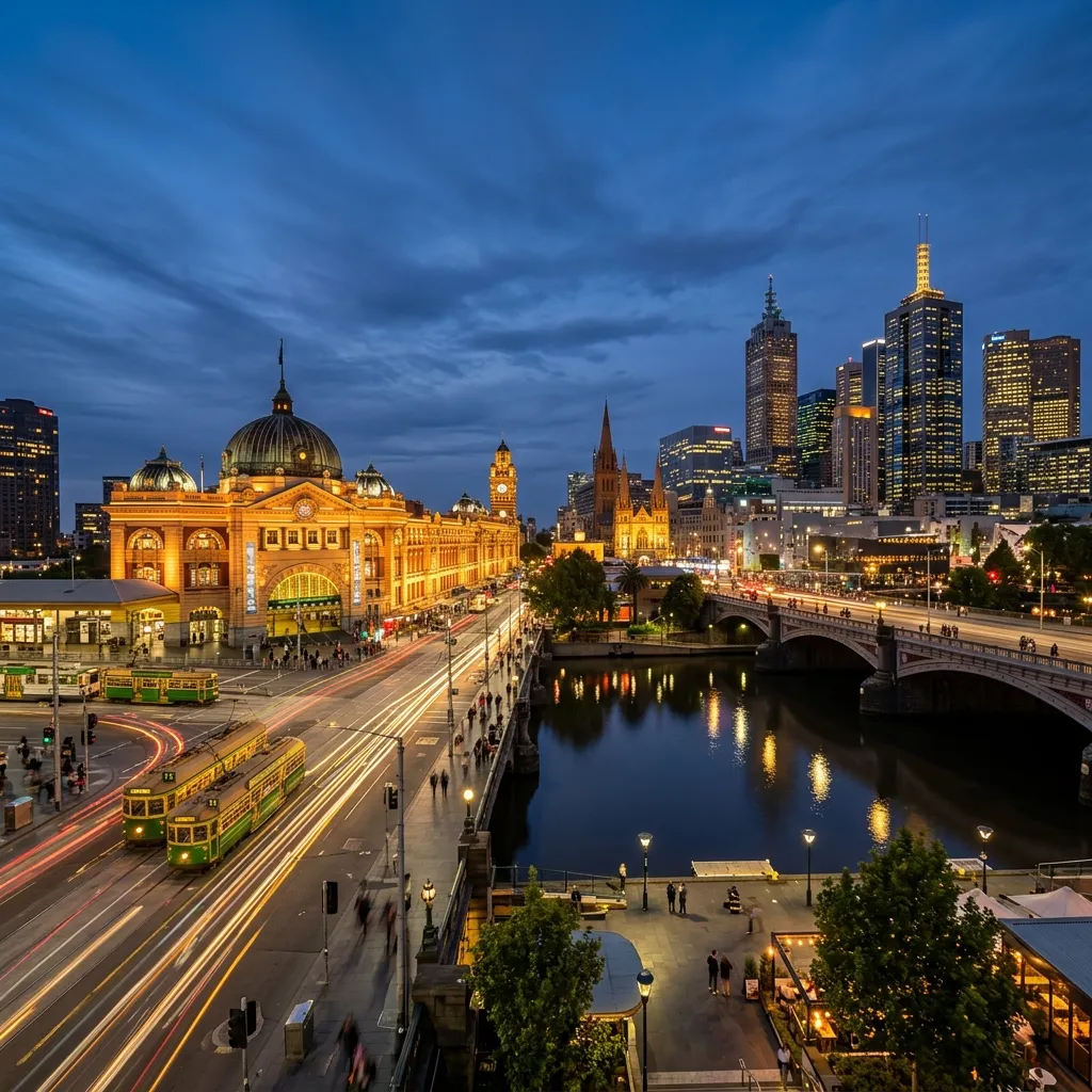 Flinders Street Station und geschäftiges Treiben im CBD von Melbourne