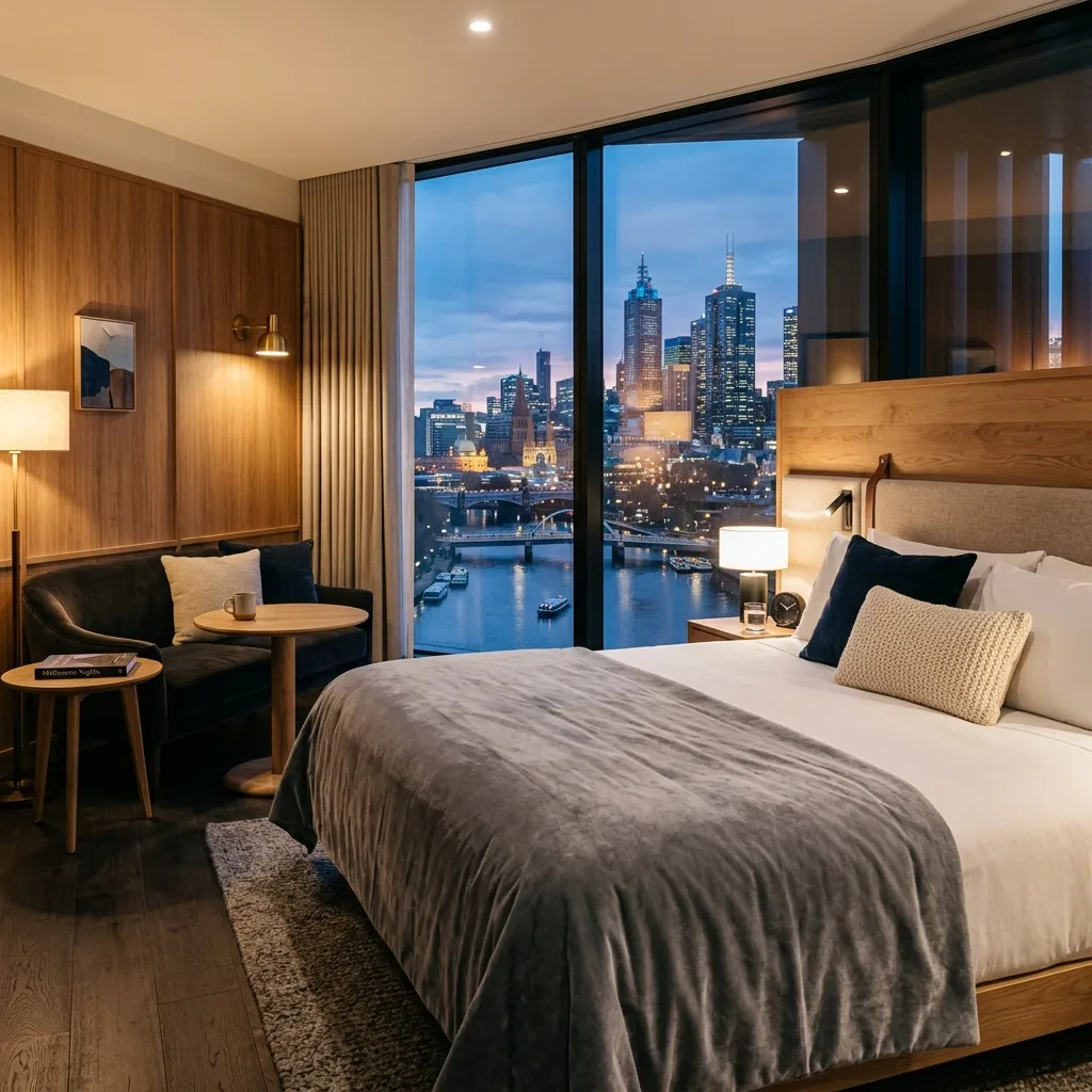 Ein stilvoll eingerichtetes Hotelzimmer mit Blick durch ein großes Fenster auf das CBD von Melbourne