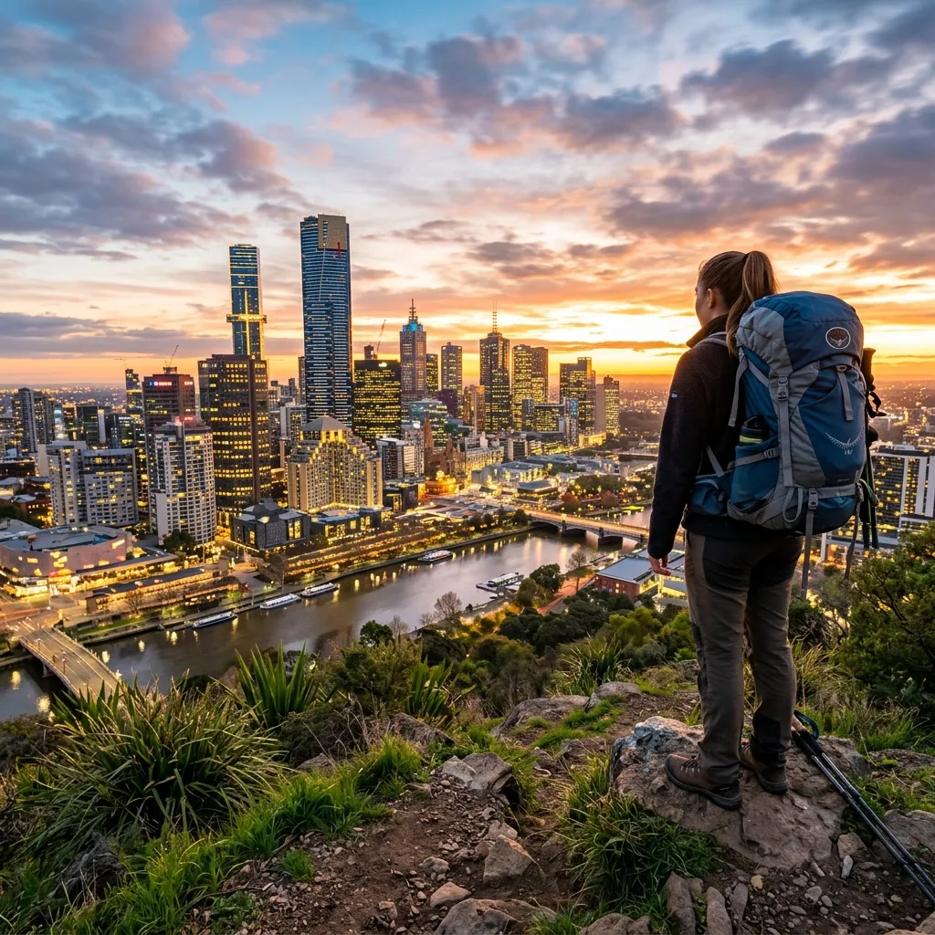 Backpacker mit Rucksack blickt voller Vorfreude auf die Skyline von Melbourne